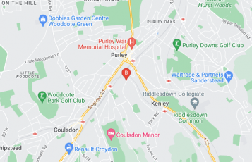 Purley Roofing location map: 24 Higher Drive, Purley, Surrey