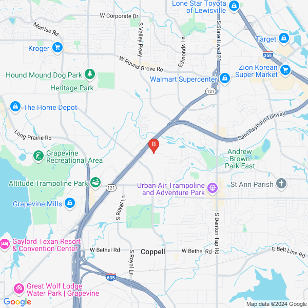 Coppell Custom Pools location map: 121 Canyon Dr, Coppell, TX